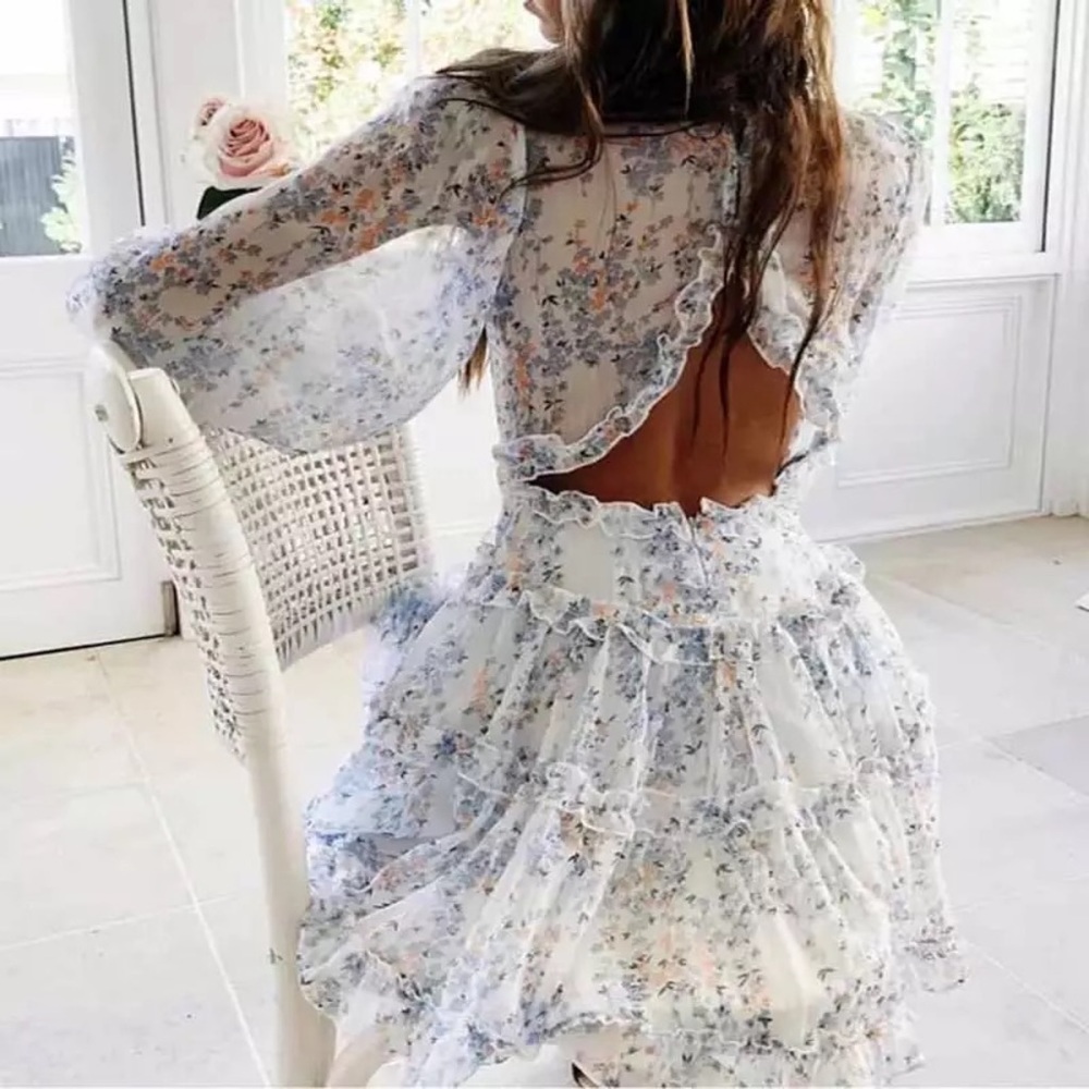 Floral Chiffon Ruffle Long Sleeve Open Back Dress